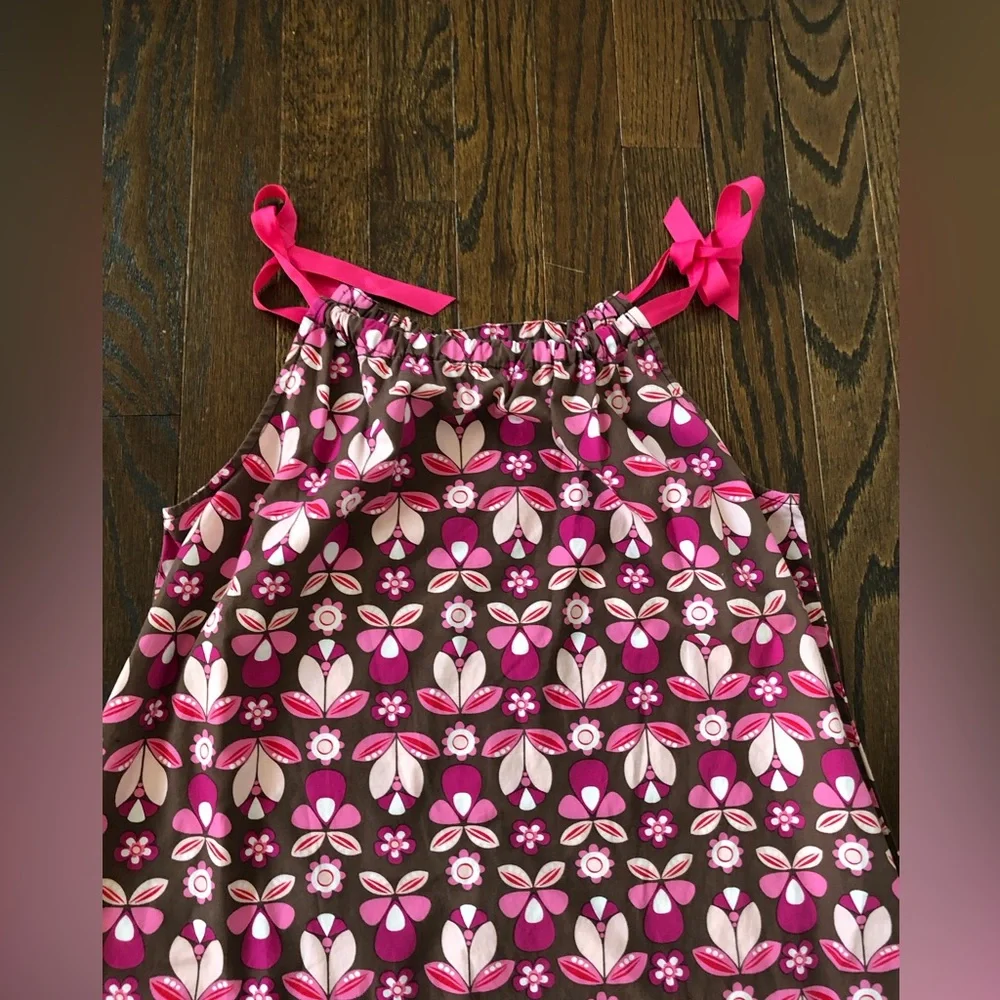 Hanna Andersson Girls 12 (150cm) Brown w/Pink Flowers Ruched Halter Shift Dress - Picture 2 of 11